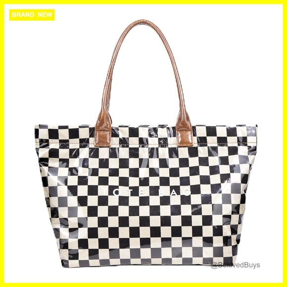 Large Waterproof Tote Bag with Checkered Print, Zipper Closure, Laptop